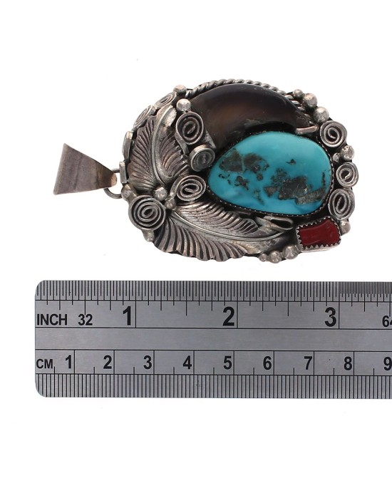 Navajo Sterling Silver Turquoise & Coral Bear Claw Pendant